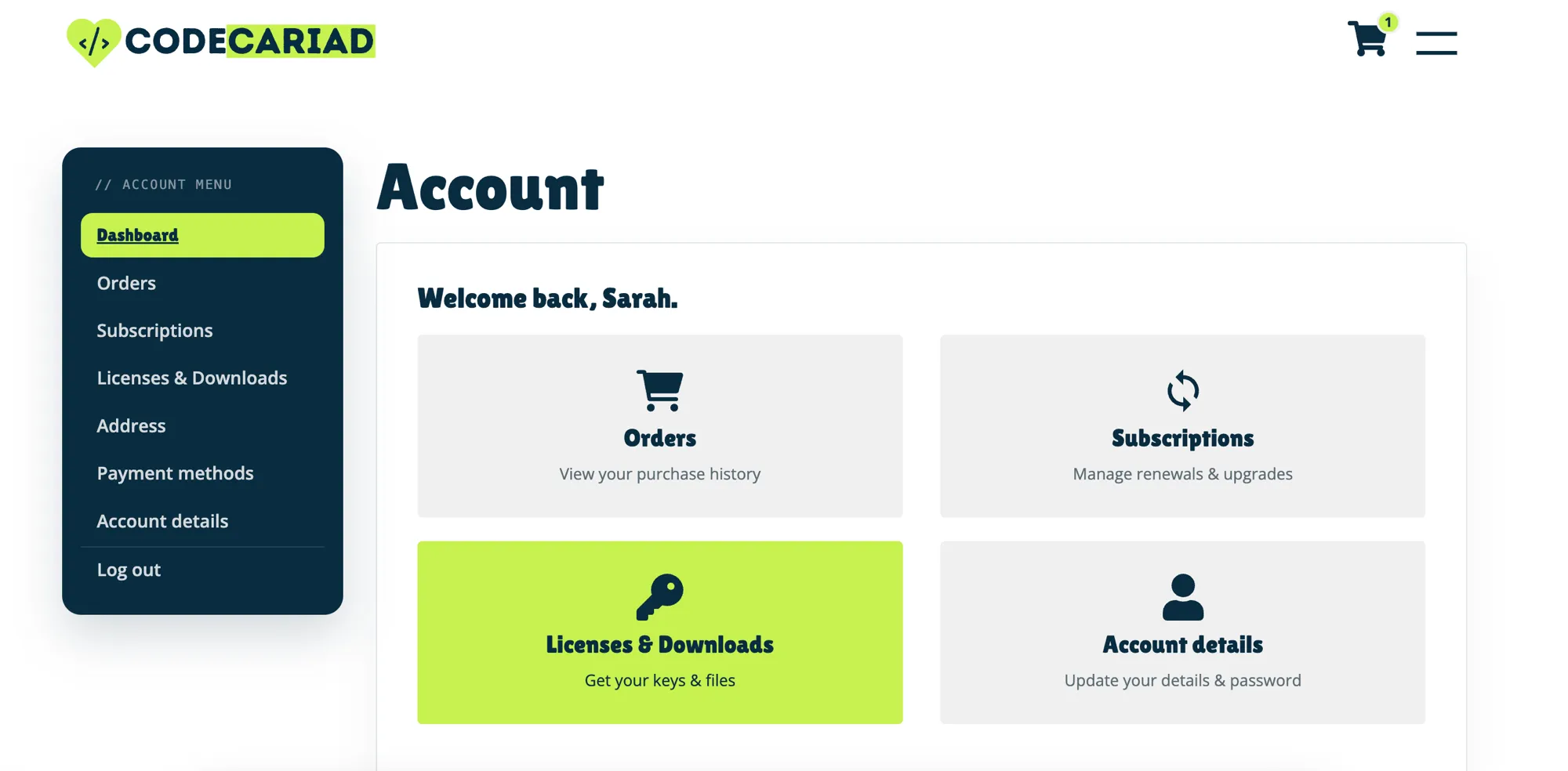 The Code Cariad account dashboard with the Licenses & Downloads tile highlighted