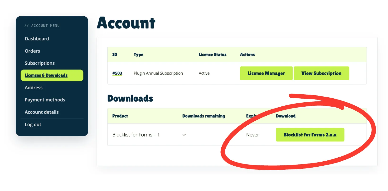 The Licenses & Downloads screen with the Blocklist for Forms download button highlighted