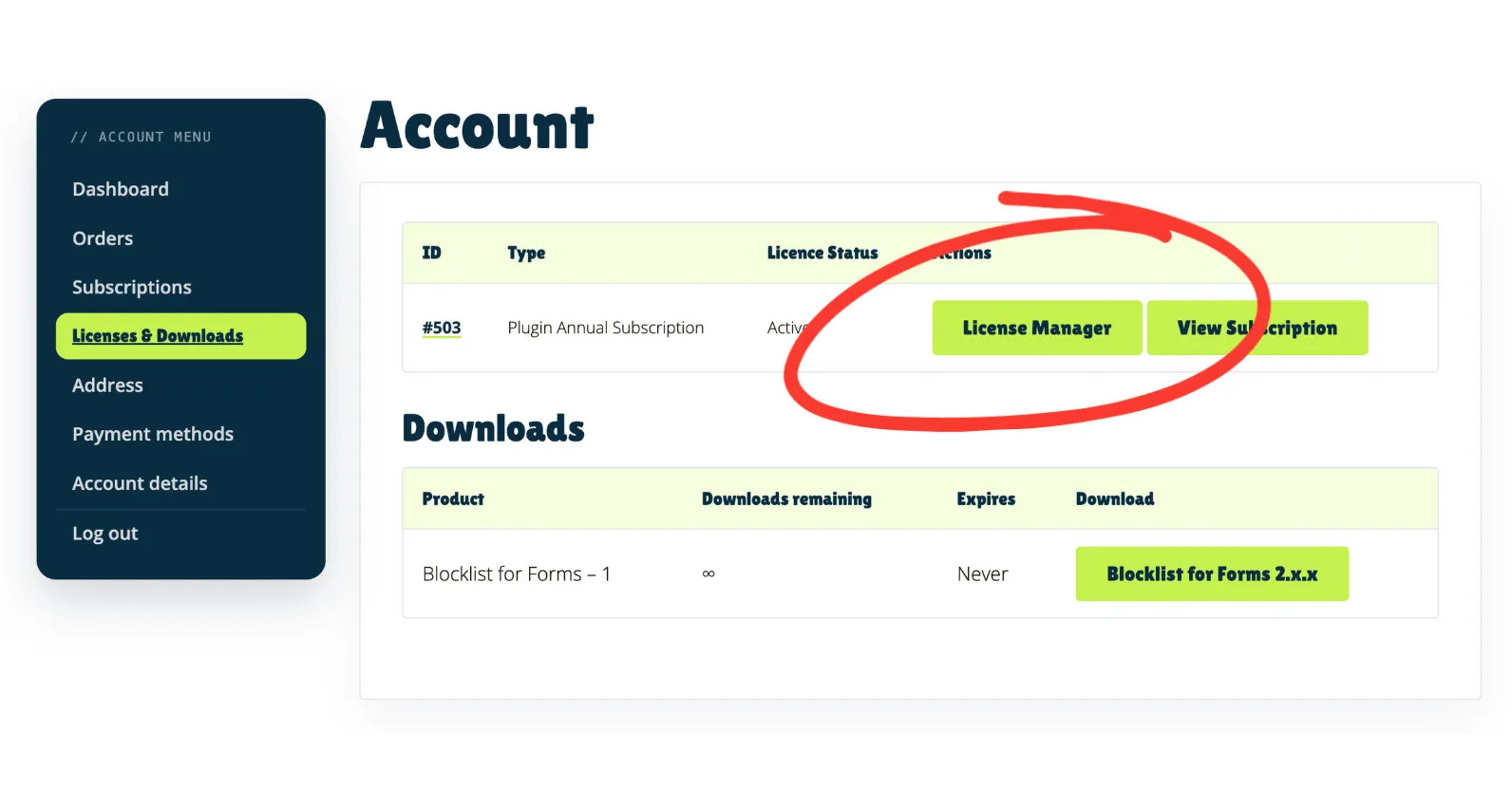 The Licenses & Downloads screen with the License Manager button highlighted