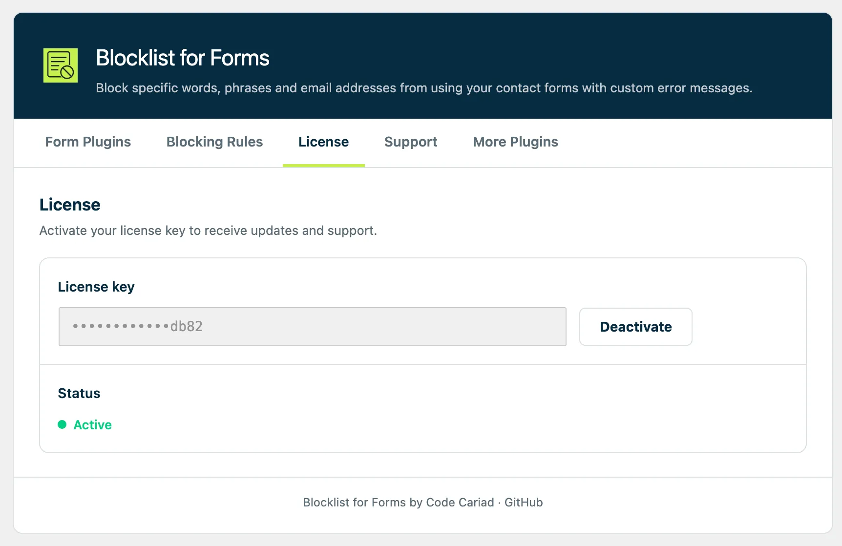 The License tab of the Blocklist for Forms settings, showing an active license key