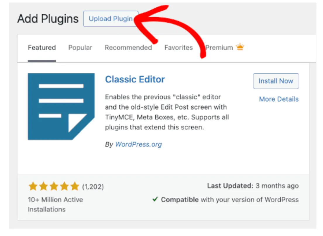 The WordPress Add Plugins screen with the Upload Plugin button highlighted